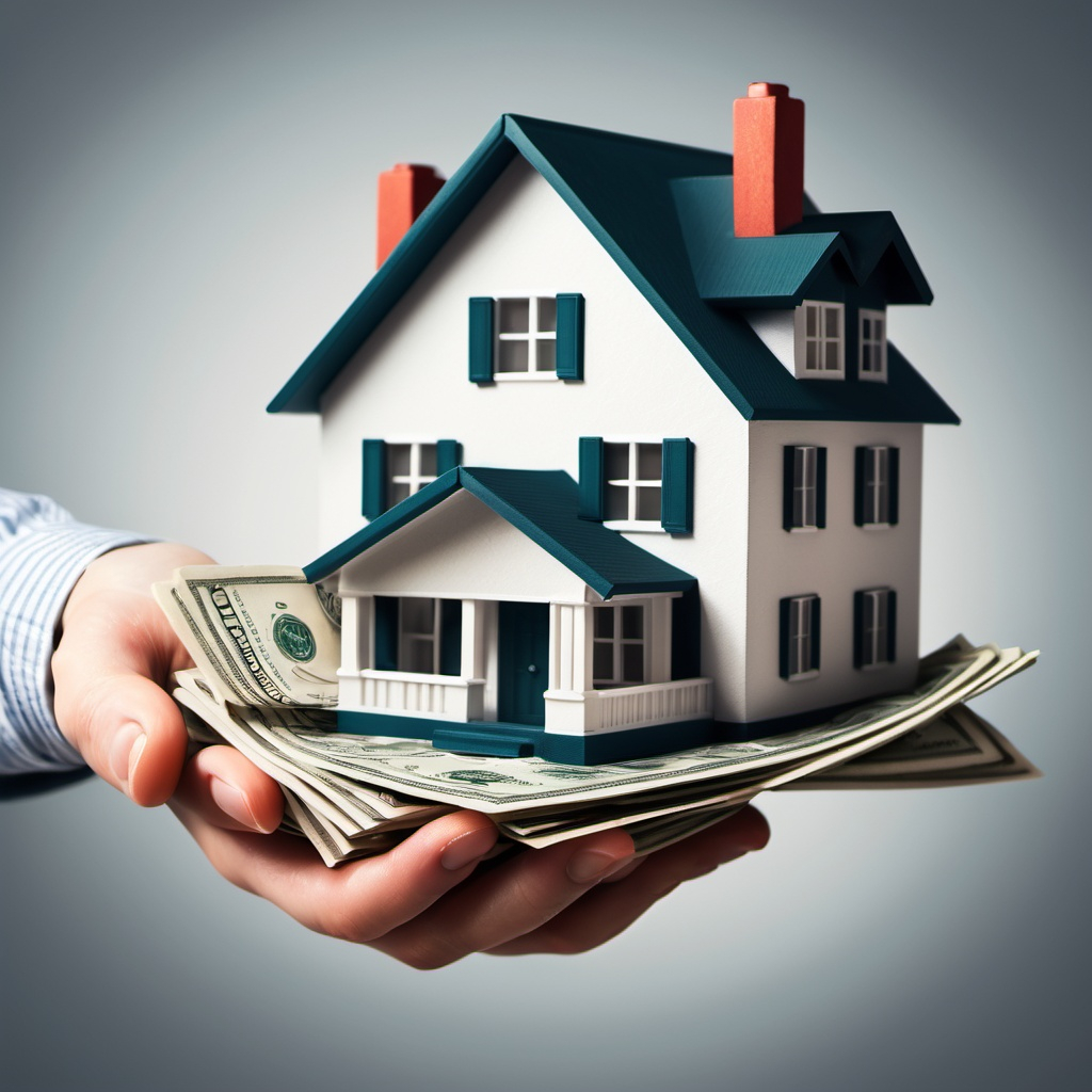 Hand holding a house on top of a stack of money.